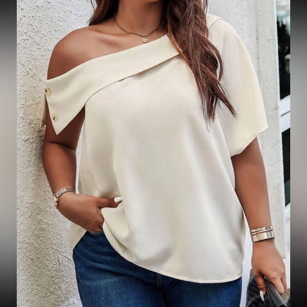 Plus size button detail one shoulder short sleeve blouse